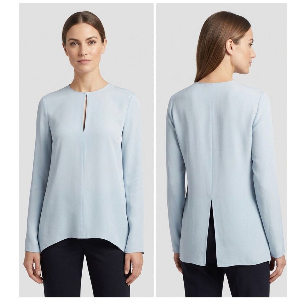 Theory Light Powder Blue Pure Silk Back Slit Keyhole Office Siren Top Blouse S